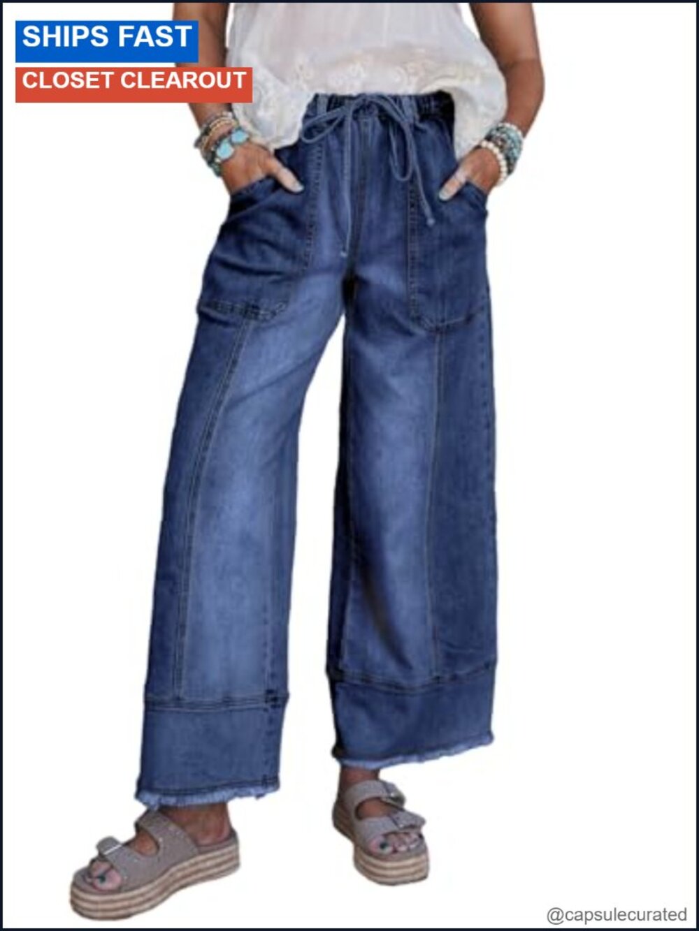 Wide Leg High Waisted Baggy Stretchy Drawstring Denim Jeans Raw Hem